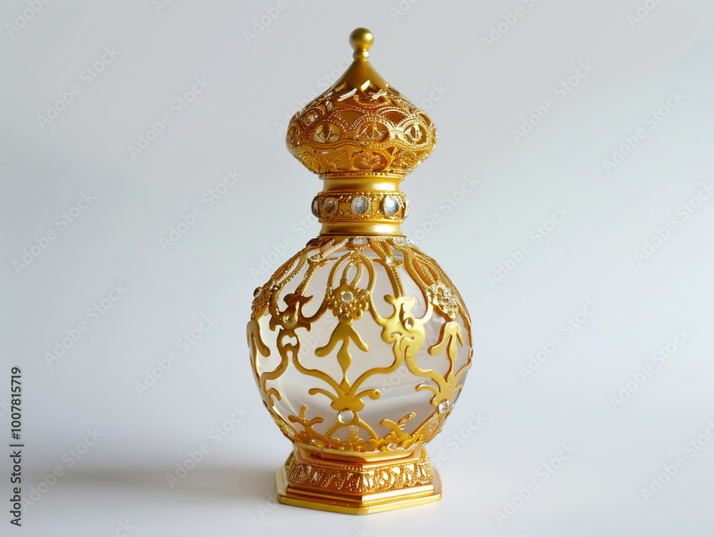 Opulent Perfume Bottle with Ornate Gold Detailing: Luxury Redefined