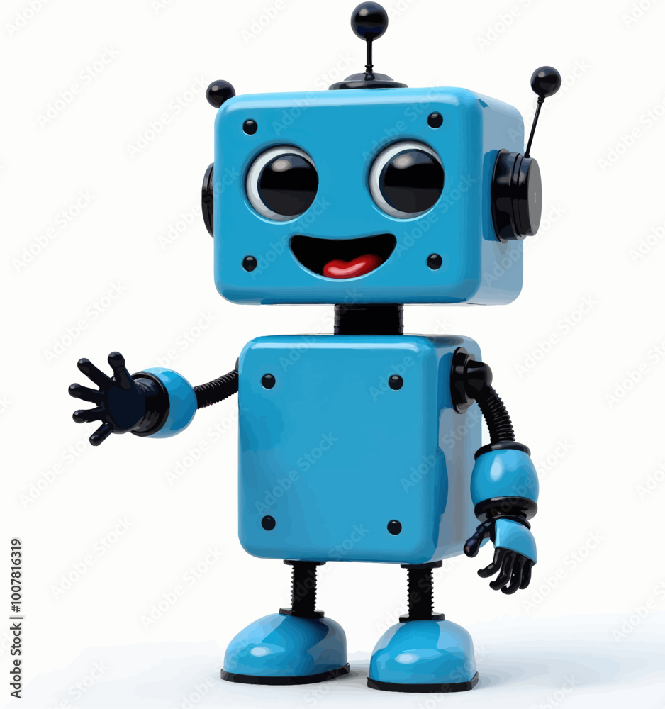 Blue Robot with Waving Arm and Smiling Face Blue Robot with Waving Arm and Smiling Face