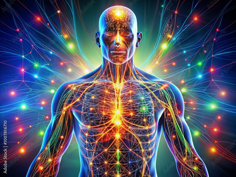 Vibrant, glowing lines and points on a detailed illustration of the human body, showcasing traditional Chinese