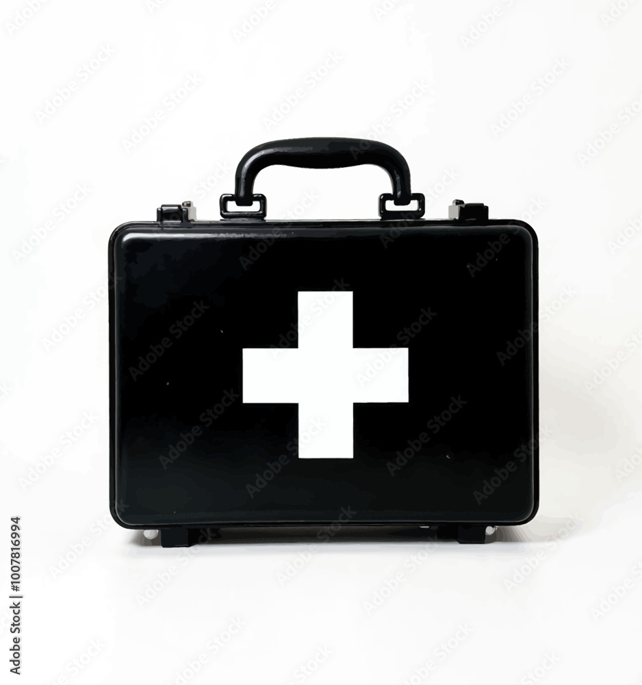Black First Aid Box with White Cross on Gray Background Black First Aid Box with White Cross on Gray Background