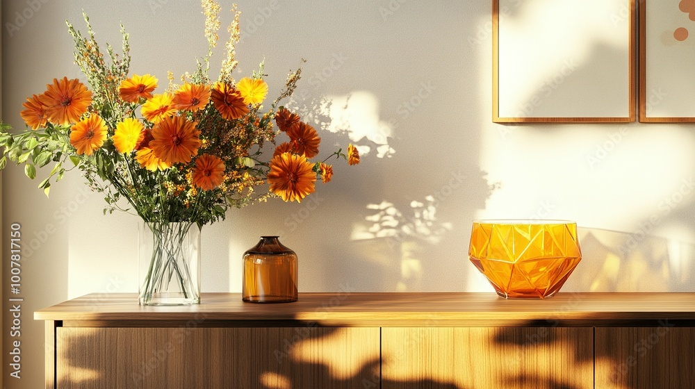 Mock Up of a Cheerful Modern Space: Fresh Blooms in Bright Orange and Yellow on a Wooden Sideboard with Geometric Decor and Retro Glass Dish Mock Up of a Cheerful Modern Space: Fresh Blooms in Bright Orange and Yellow on a Wooden Sideboard with Geometric Decor and Retro Glass Dish