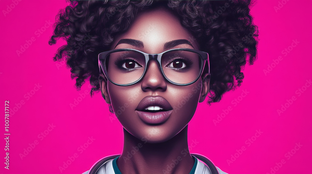 A young Black woman with curly hair wearing glasses looks directly at the camera. A young Black woman with curly hair wearing glasses looks directly at the camera.