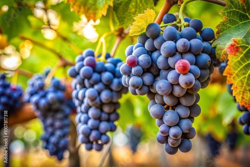 Grapes on the vine show deep purple hues, ready for harvest during the vibrant winemaking season, highlighting nature's