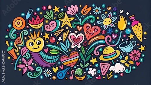 Vibrant, hand-drawn doodles surround a modern, cursive font, creating a playful and whimsical design element ideal for