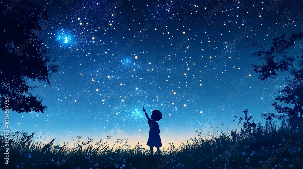 Child in open field gazing at stars, enchanting night sky, silhouette against a vast celestial display, evoking curiosity and awe in a tranquil, expansive landscape. Child in open field gazing at stars, enchanting night sky, silhouette against a vast celestial display, evoking curiosity and awe in a tranquil, expansive landscape.