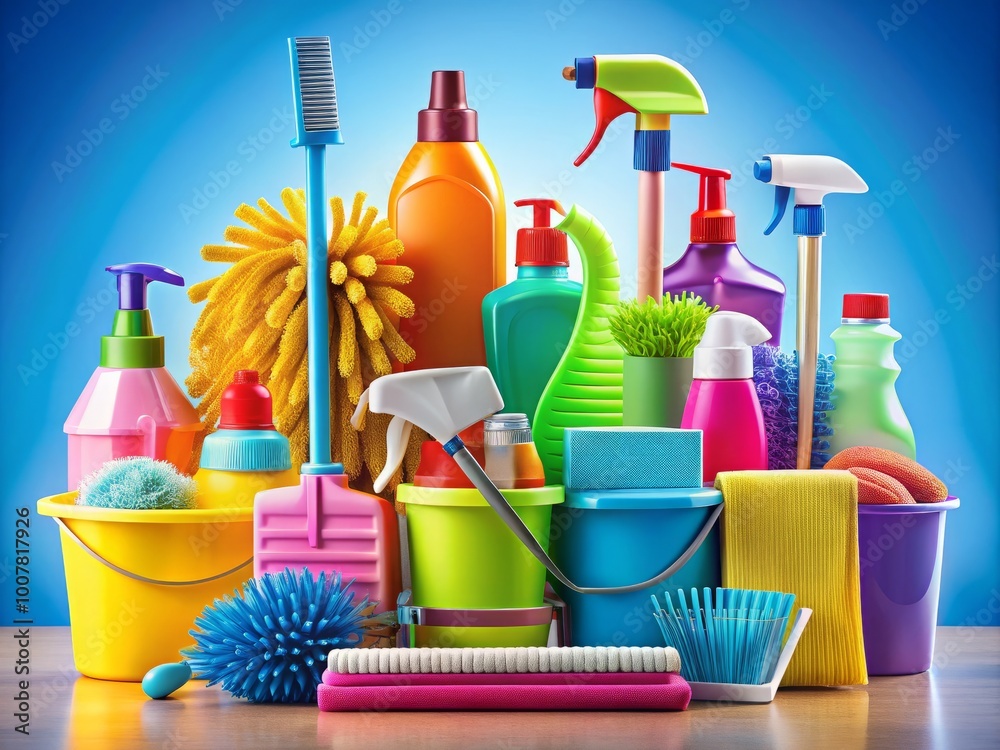 Vibrant illustration of assorted cleaning supplies, including bottles, sprays, mops, brooms, and dusters, arranged in a Vibrant illustration of assorted cleaning supplies, including bottles, sprays, mops, brooms, and dusters, arranged in a