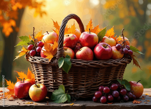 Autumn Harvest Basket with Apples and Grapes