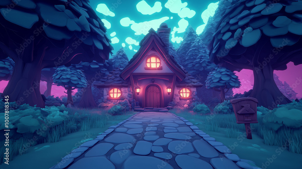 Fototapeta premium A charming cottage nestled in a whimsical forest setting, bathed in a soft, neon glow.