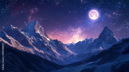 Majestic Nighttime Mountain Landscape, expansive mountain peaks illuminated by moonlight, twinkling stars overhead, showcasing the serene beauty of nature under a vast night sky