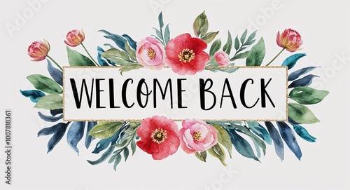 welcome back word lettering with watercolor painting flowers on plain white background