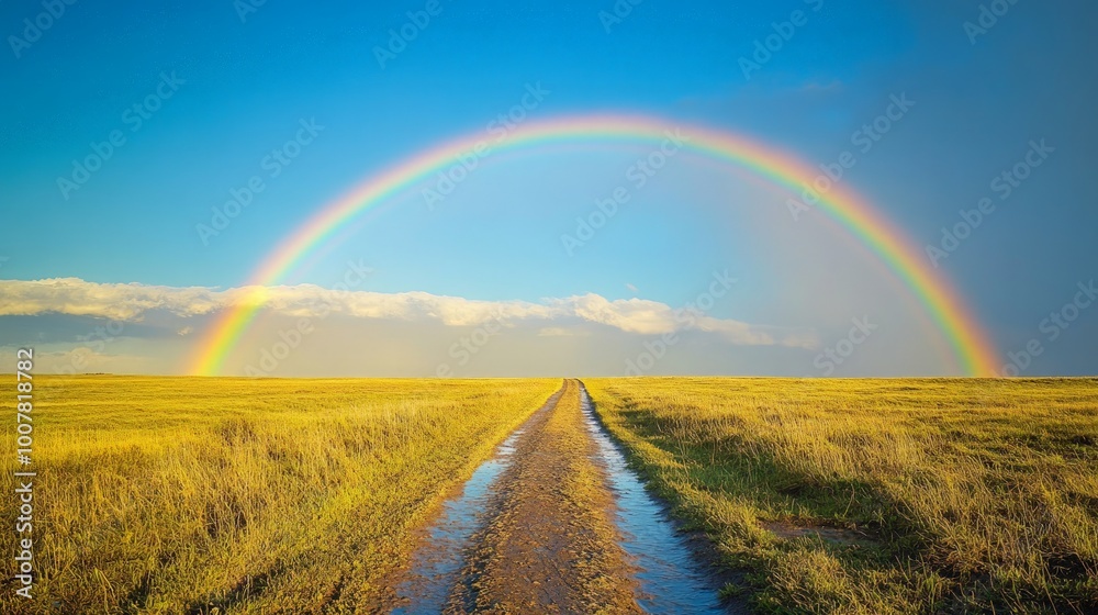 Pathway to Hope, a scenic trail meandering towards a brilliant rainbow stretching across a clear blue sky, embodying the essence of renewal and optimism after a rain shower. Pathway to Hope, a scenic trail meandering towards a brilliant rainbow stretching across a clear blue sky, embodying the essence of renewal and optimism after a rain shower.