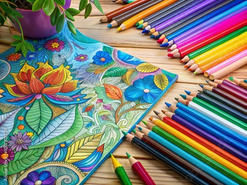 Vibrant markers and colored pencils scattered across a tabletop, surrounded by partially colored pages of a photo