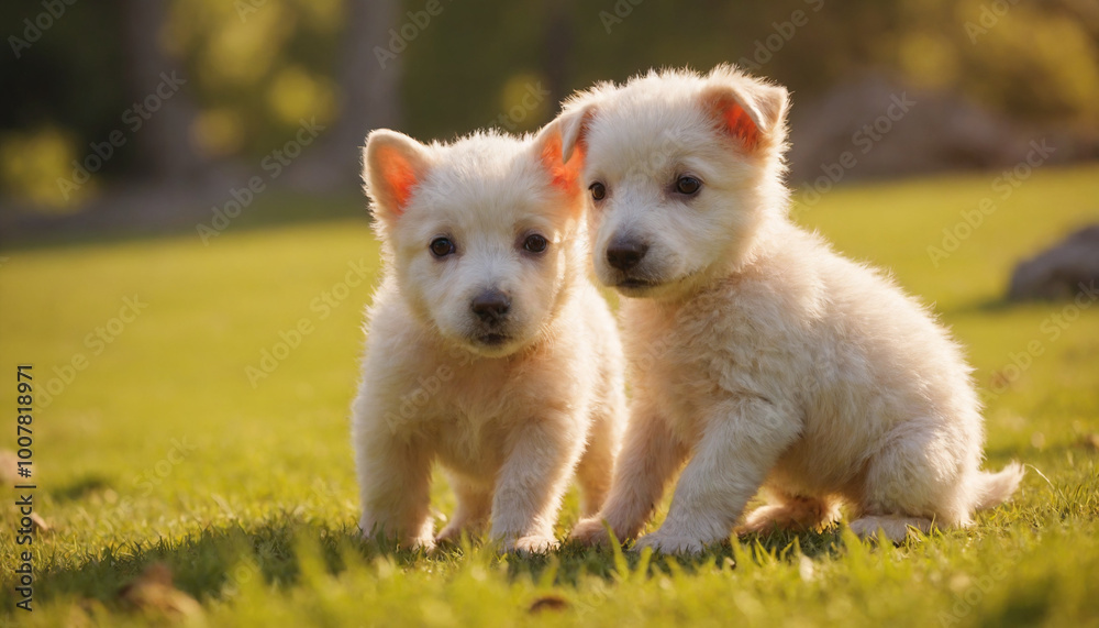 Two adorable fluffy puppies playing together on green grass in sunlight Two adorable fluffy puppies playing together on green grass in sunlight