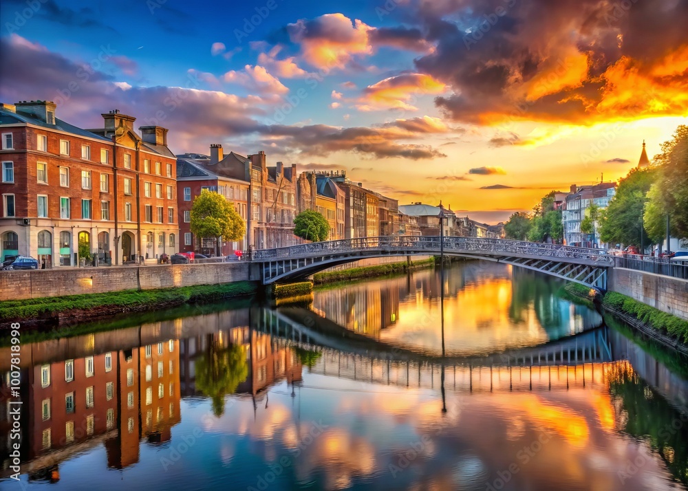 Naklejka premium Vibrant morning light illuminates the River Liffey's tranquil flow through Dublin's historic heart, showcasing