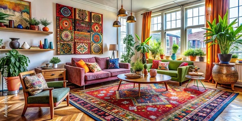 Vibrant, modern living room features a bold mix of patterned rugs, vintage furniture, abstract art, and eclectic