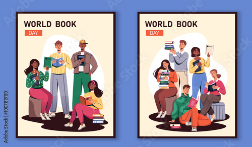World book day posters set. Love for literature and reading. International holiday and festival 23 April. Education and learning, training. Flat vector collection