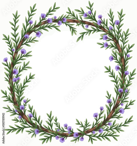 A watercolor illustration of a wreath with green leaves and purple flowers.