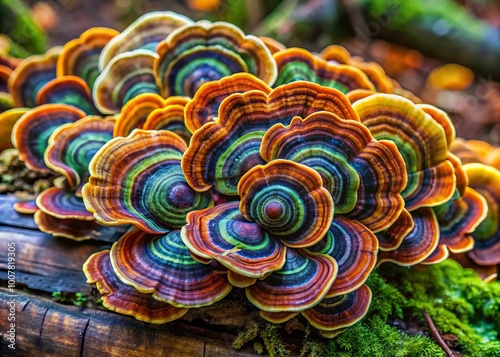 Vibrant multicolored turkey tail fungus, Trametes versicolor, grows on decaying wood, displaying intricate patterns and photo