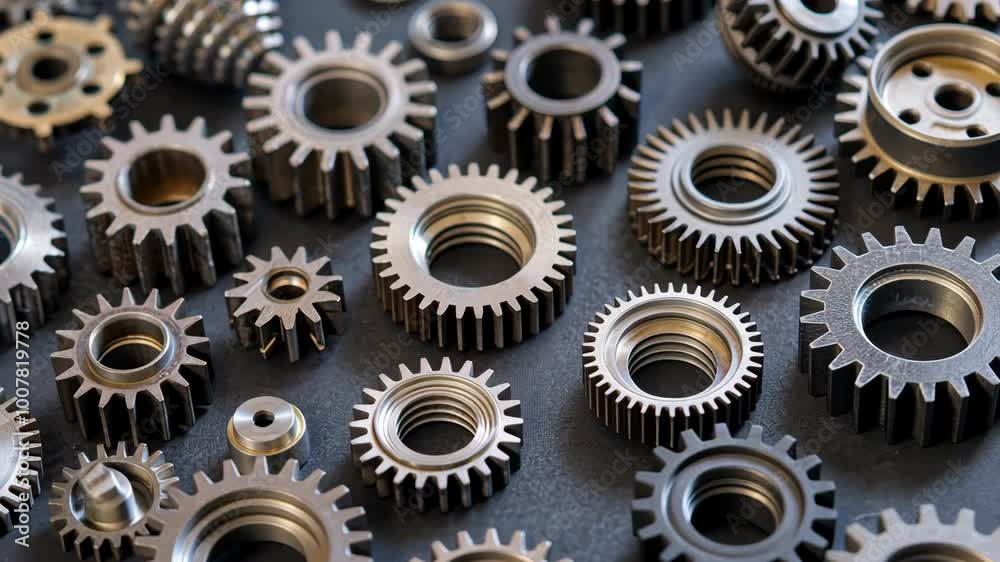 Several metal gears are scattered on a dark surface, a close-up view revealing intricate detail Several metal gears are scattered on a dark surface, a close-up view revealing intricate detail