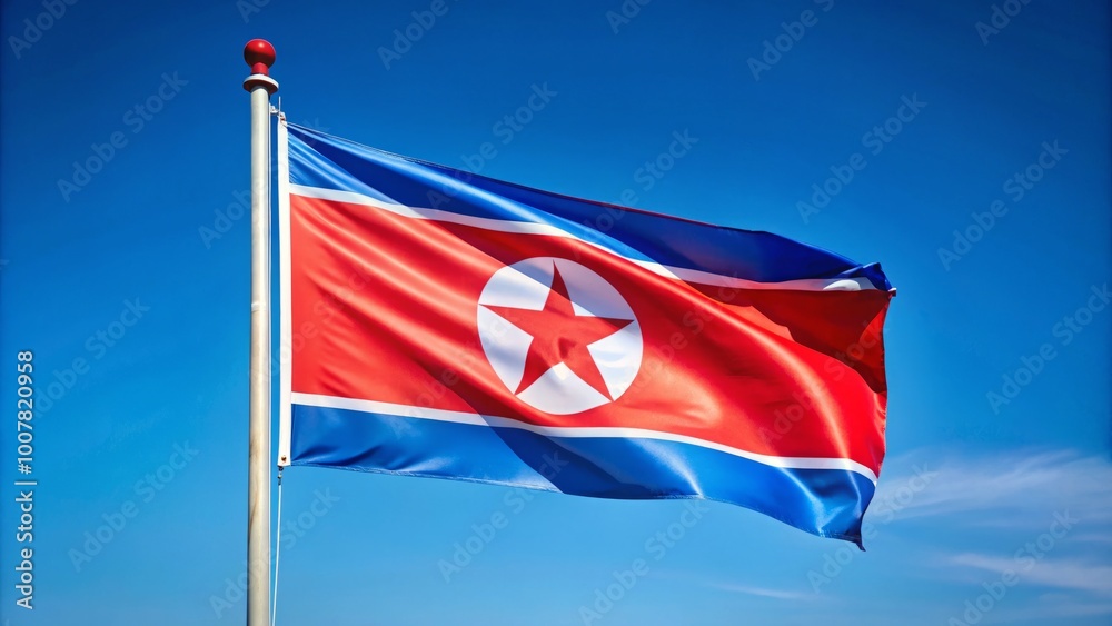 Vibrant red and blue North Korean national flag waving proudly in the wind, symbolizing independence and national Vibrant red and blue North Korean national flag waving proudly in the wind, symbolizing independence and national