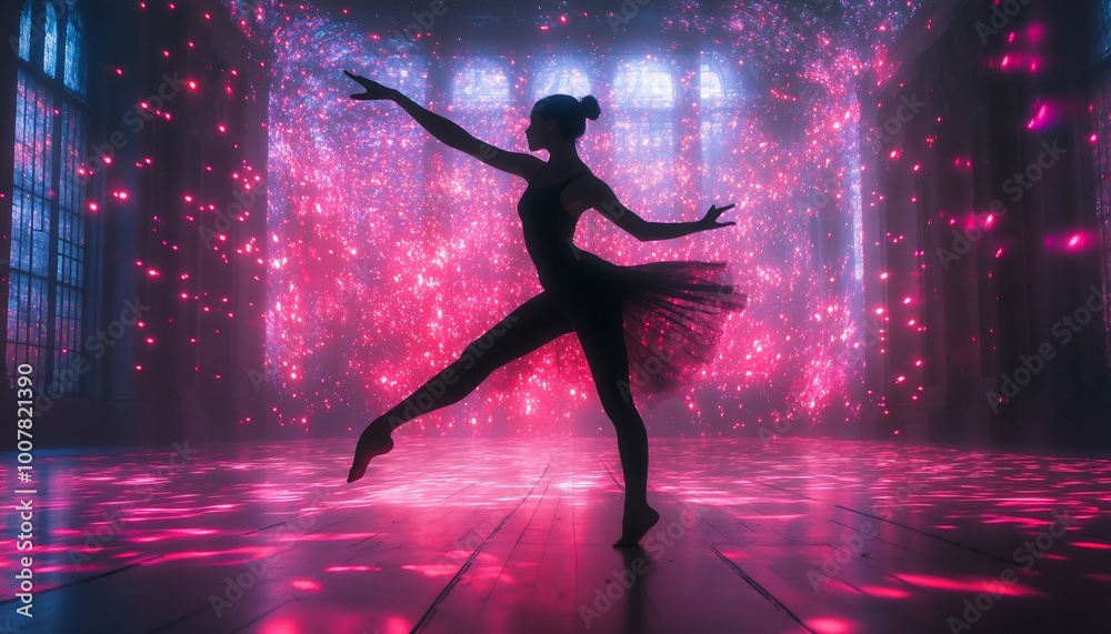 A ballerina in a black leotard and tutu performs a graceful pose in a dramatic room with neon lights. A ballerina in a black leotard and tutu performs a graceful pose in a dramatic room with neon lights.