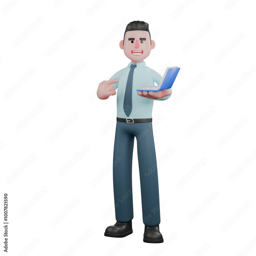 Professional Male Financial Analyst in 3D Animation. A male financial analyst is standing with his right hand pointing at an open blue-covered book held by his left hand. Economic Professional Male Financial Analyst in 3D Animation. A male financial analyst is standing with his right hand pointing at an open blue-covered book held by his left hand. Economic