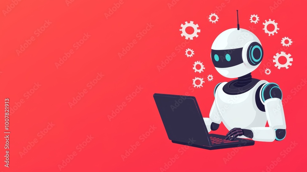 Playful Robot Engaged with Laptop on Colorful Background Playful Robot Engaged with Laptop on Colorful Background