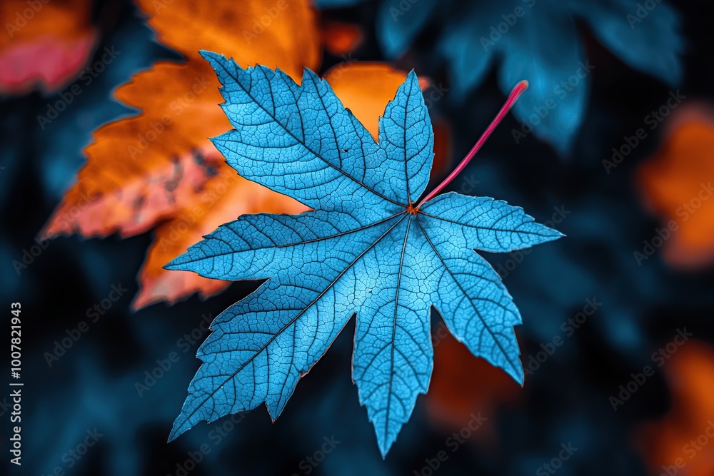 A single blue maple leaf against a backdrop of blurred orange leaves, showcasing the intricate veins and delicate structure. A single blue maple leaf against a backdrop of blurred orange leaves, showcasing the intricate veins and delicate structure.