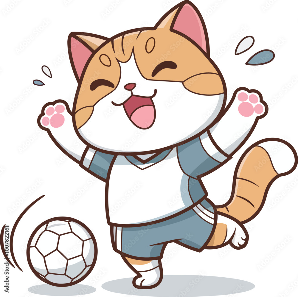 Cute cat cartoon playing football on white background Cute cat cartoon playing football on white background