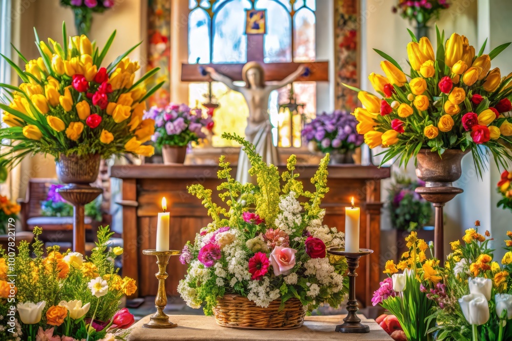 Vibrant spring flowers adorn a warmly lit church altar, adorned with festive decorations and a ornate cross, capturing Vibrant spring flowers adorn a warmly lit church altar, adorned with festive decorations and a ornate cross, capturing