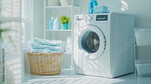 Clean Laundry Setup: Modern washing machine with detergents, fresh towels, and a laundry basket in a bright, organized laundry room photo