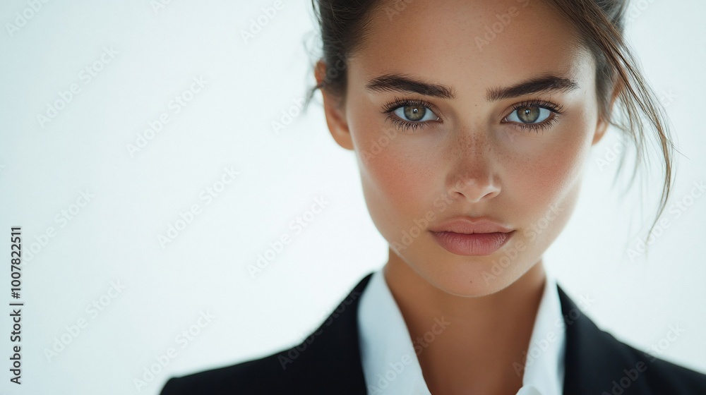 Close-up portrait of a confident young woman with dark hair and green eyes, looking directly at the camera. Close-up portrait of a confident young woman with dark hair and green eyes, looking directly at the camera.