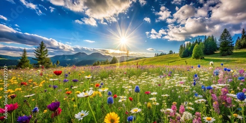 Vibrant sunny meadow with fluffy white clouds, lush green grass, and blooming colorful wildflowers, evoking a sense of photo