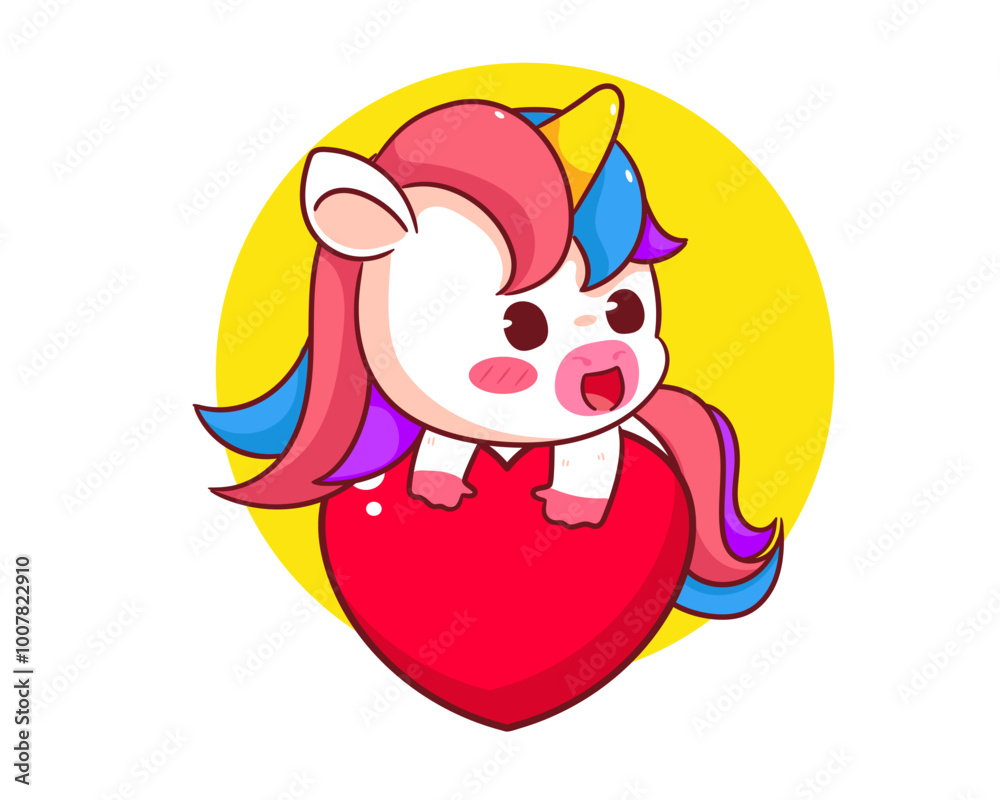 Cute Unicorn holding love Cartoon Vector. Adorable and Kawaii Animal Concept Design. Hand drawn style. Icon Mascot Logo Illustration. Isolated White Background.