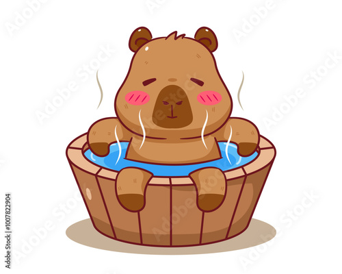 Cute Capybara in hot bathtub Cartoon Vector. Adorable and Kawaii Animal Concept Design. Hand drawn style. Icon Mascot Logo Illustration. Isolated White Background.