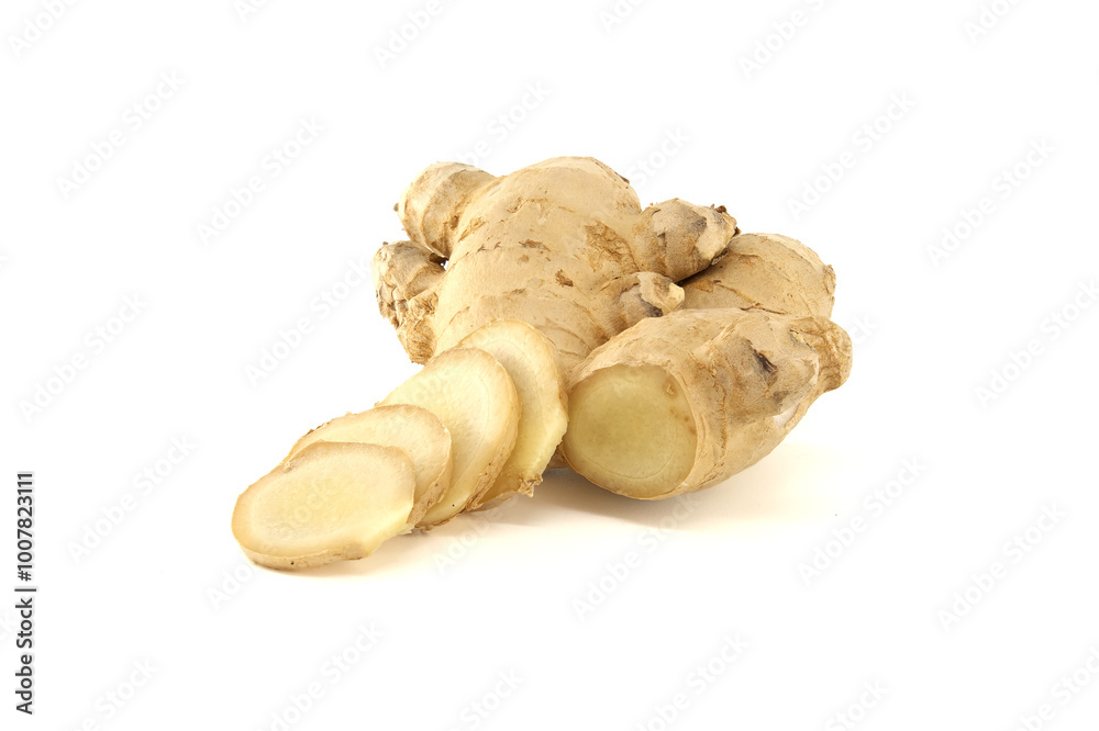 Fresh ginger root with slices isolated on white background Fresh ginger root with slices isolated on white background
