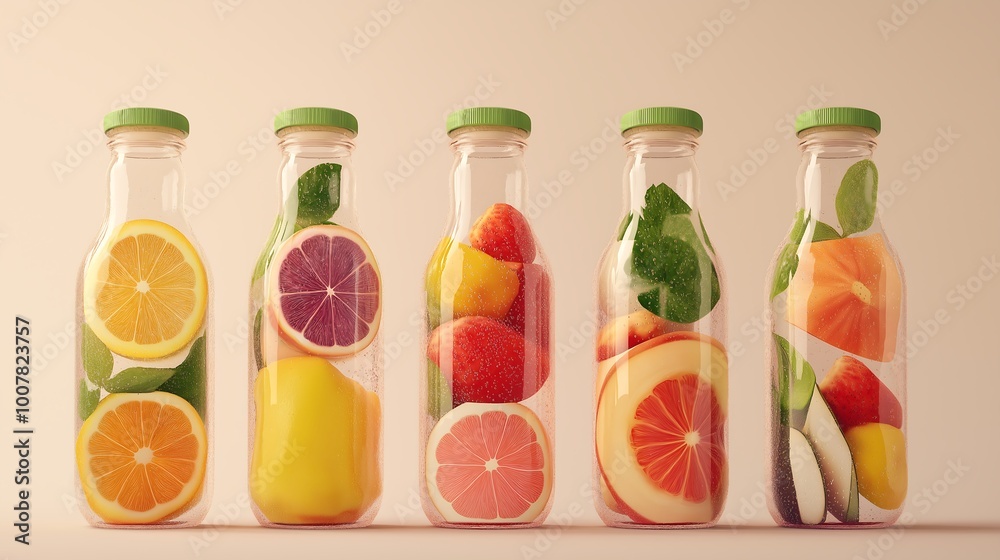 Organic juice bottles, made from fresh fruits, 3D illustration. Organic juice bottles, made from fresh fruits, 3D illustration.