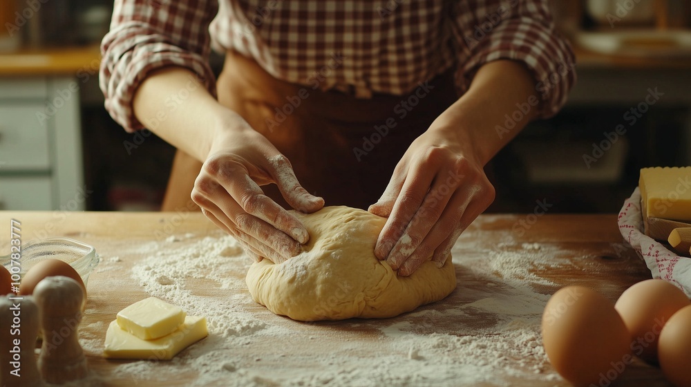 The cook is kneading the dough. Flour is scattered around, eggs and butter are lying around. Cooking. Baking. The cook is kneading the dough. Flour is scattered around, eggs and butter are lying around. Cooking. Baking.