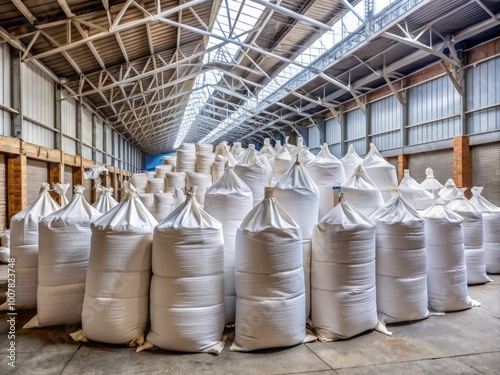 In the production plant yard, large bags of calcium carbonate are kept for industrial applications and processing,