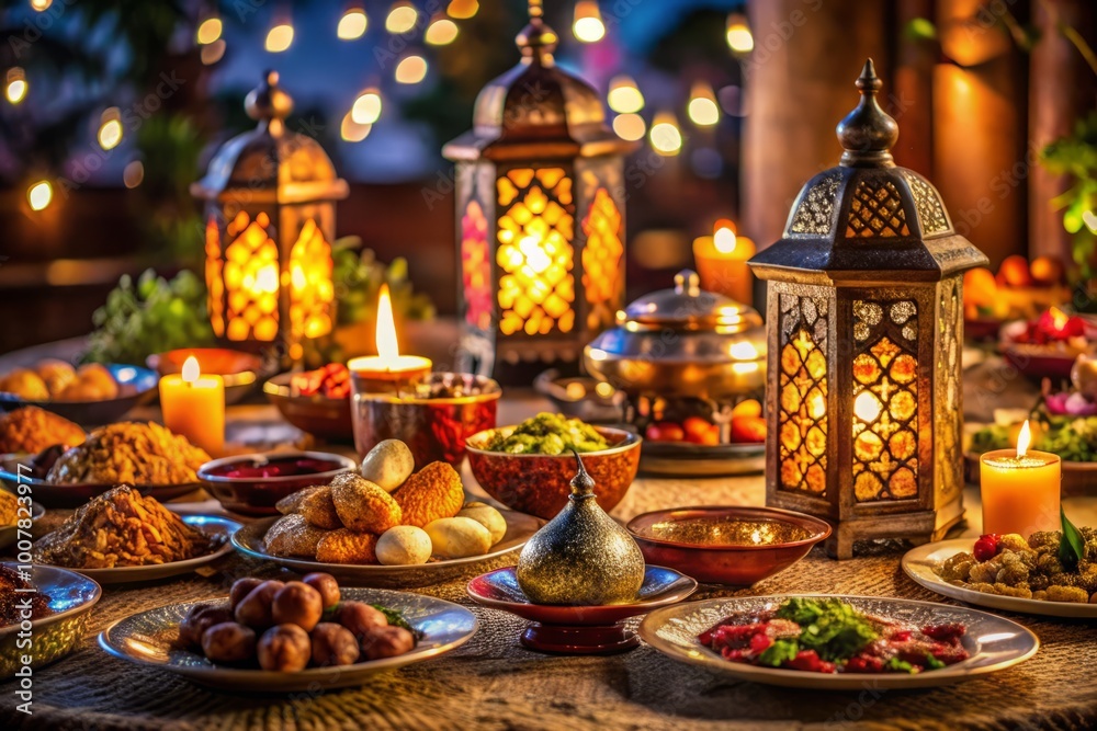 Vibrant table setting with traditional Middle Eastern dishes, lanterns, and intricate patterns, capturing the warm Vibrant table setting with traditional Middle Eastern dishes, lanterns, and intricate patterns, capturing the warm