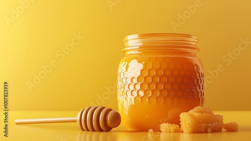 Organic honey jar, with honeycomb and dipper, 3D illustration.