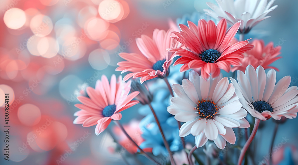 colorful bouquet of pink, white, and blue daisies in full bloom, with soft pastel colors.