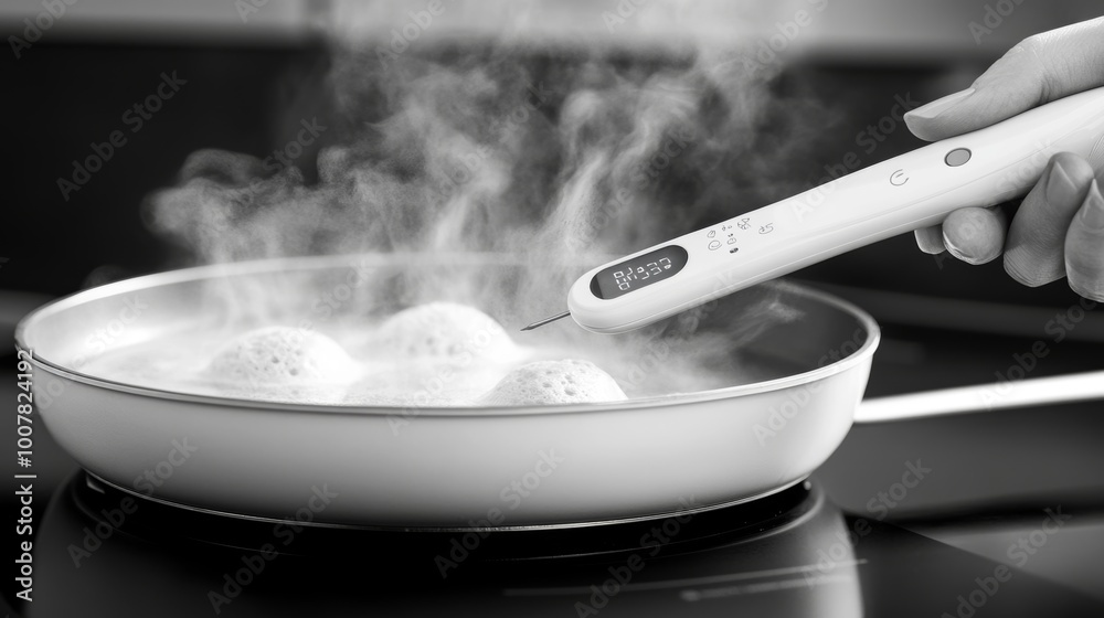 Digital Food Thermometer Checking Temperature of Food in Frying Pan Digital Food Thermometer Checking Temperature of Food in Frying Pan