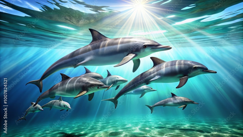 Vibrant turquoise ocean backdrop showcases a pod of sleek grey dolphins swimming harmoniously beneath the surface, Vibrant turquoise ocean backdrop showcases a pod of sleek grey dolphins swimming harmoniously beneath the surface,