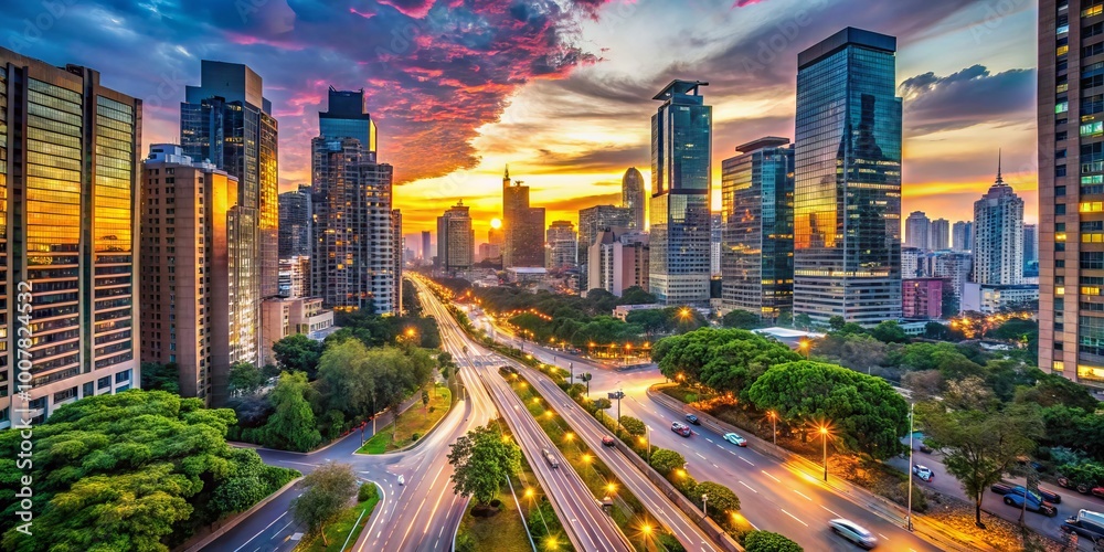 Fototapeta premium Vibrant urban landscape featuring a bustling city streetscape with towering skyscrapers, neon lights, and a busy