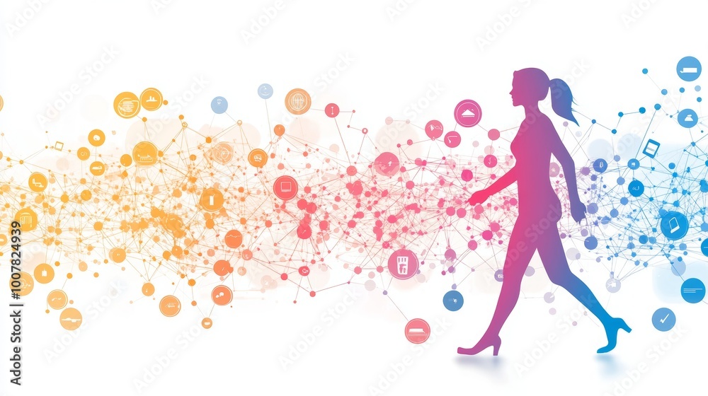 Connected Woman Walking Through Network of Icons Connected Woman Walking Through Network of Icons