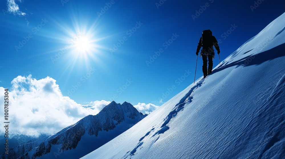 Climber Conquering Snowy Peaks, breathtaking snow-covered mountains rise majestically under a clear blue sky, a silhouette of a climber embodies determination and adventure. Climber Conquering Snowy Peaks, breathtaking snow-covered mountains rise majestically under a clear blue sky, a silhouette of a climber embodies determination and adventure.