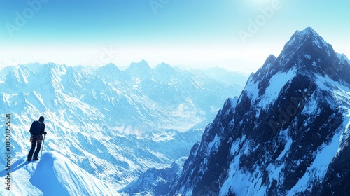 Majestic Snow-Capped Peaks with Climbers Silhouette, an inspiring scene of towering mountains under a bright blue sky, representing adventure and the spirit of exploration.