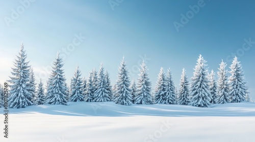 Serene Winter Wonderland, a breathtaking snowy landscape showcasing lush evergreens blanketed in white, set against a vibrant blue sky, evoking tranquility and seasonal charm.