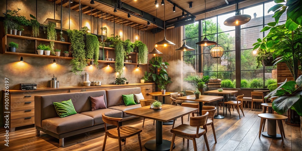 Fototapeta premium Warm ambient lighting illuminates a comfortable modern coffee shop interior with cozy seating, wooden tables, and